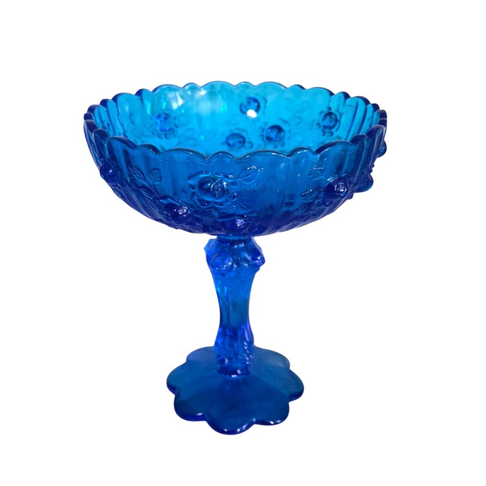 Vintage FENTON GLASS Cabbage Rose Cobalt Blue Compote Pedestal Bowl Candy Dish‎